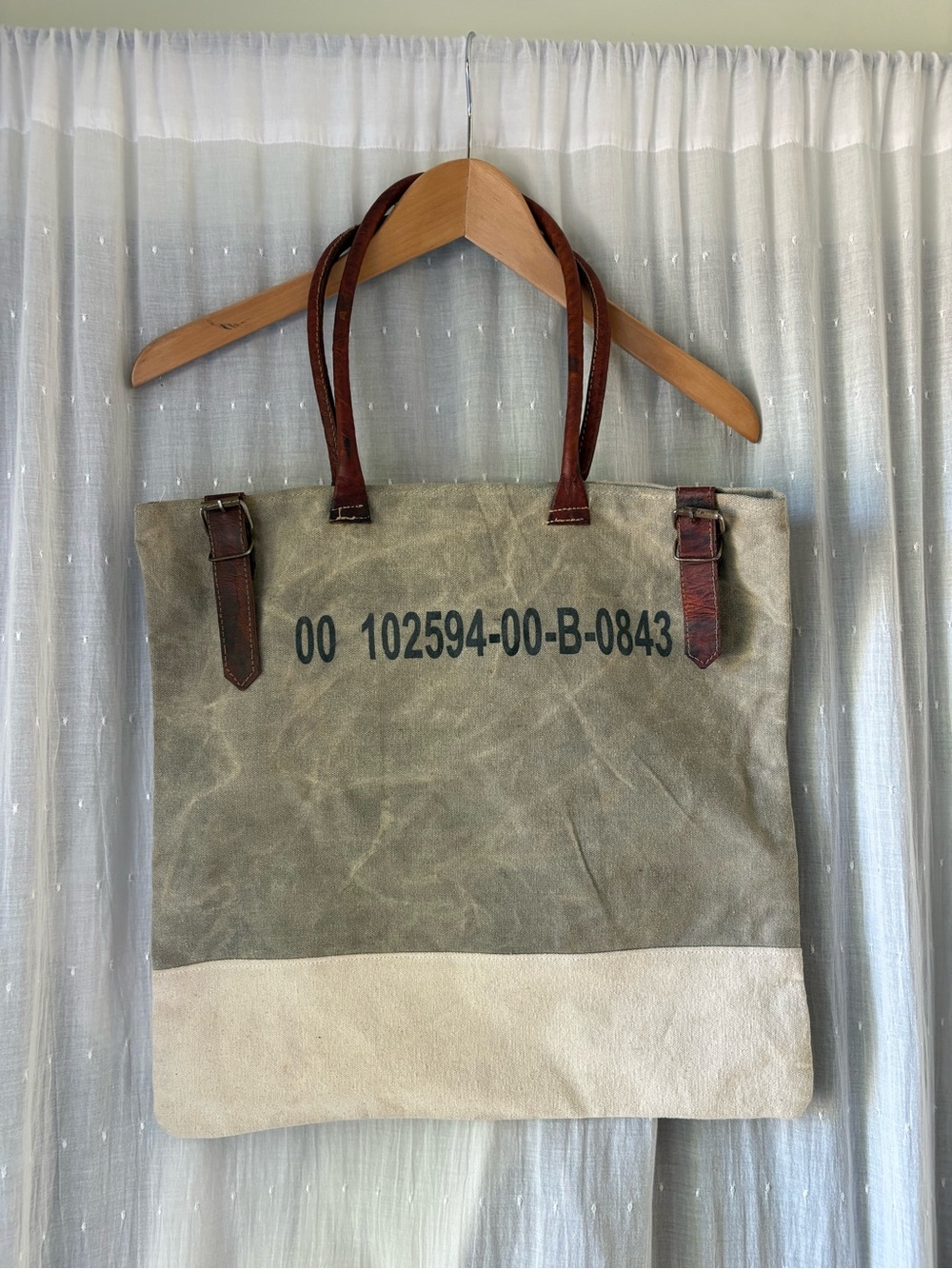 Canvas Tote Bag with Leather Straps - Olive Green and Beige